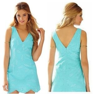 Lilly Pulitzer Cotton Eyelet Madden Dress in Shorely Blue Scallop Hem V-Neck